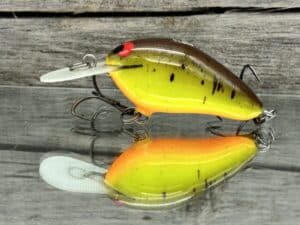 Black Label Balsa - Fat Little Cliffie - Custom Balsa Crankbait - Chartreuse Root Beer Color